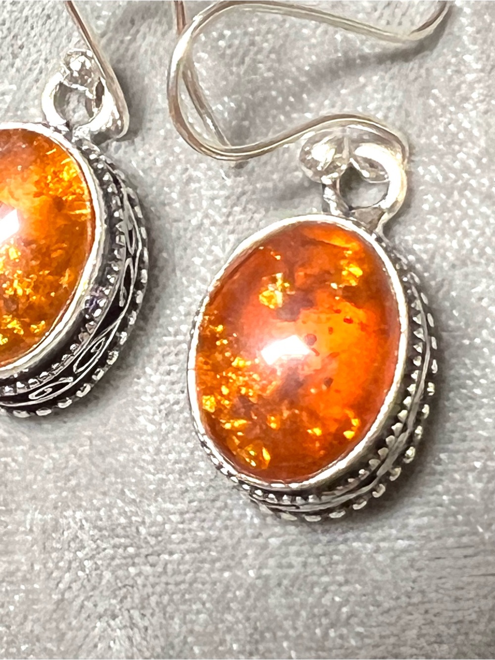 NWT Solid Sterling Silver Natural Amber Oval Drop Artisan Earrings Stamped 925 - Picture 3 of 7